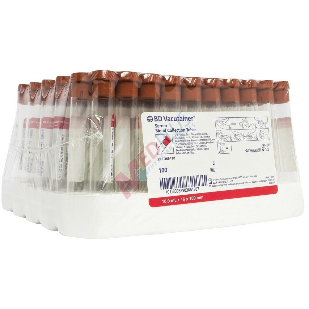 Red Top Blood Collection Tubes, 10ml, Red, 100/Box